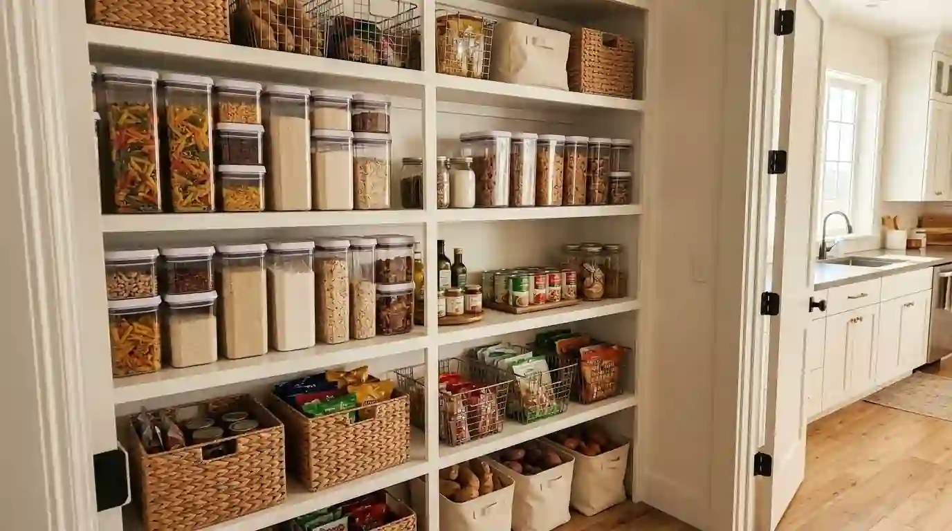 Pantry shelves with airtight storage containers