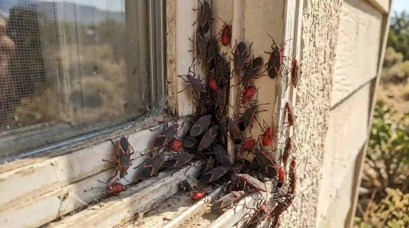 Boxelder bugs clustered around a window frame