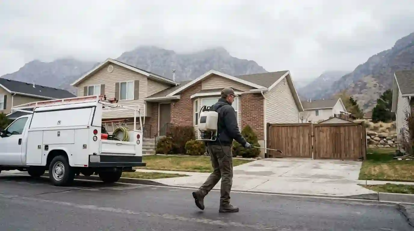 Pest control technician carrying a backpack sprayer to the side yard of a Davis County home