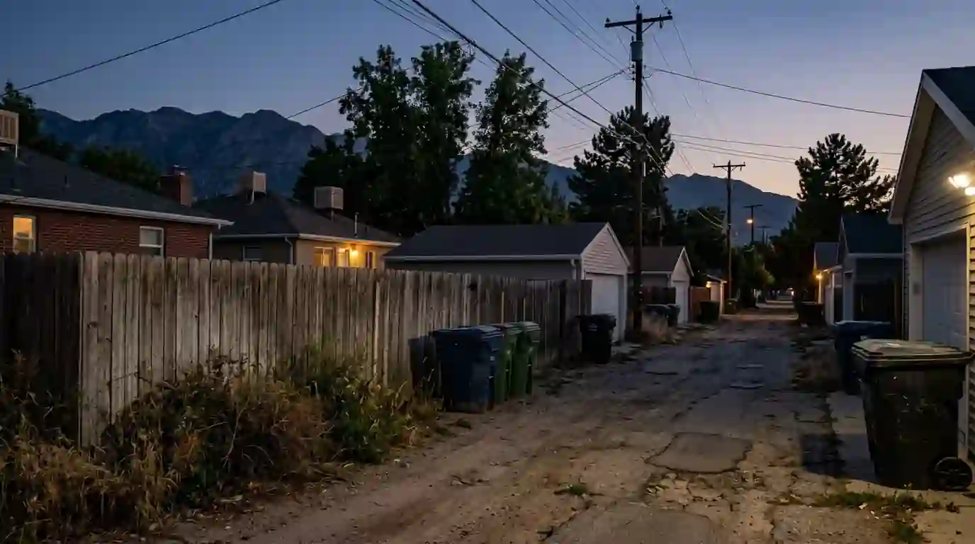 Alley with lidded trash bins at dusk