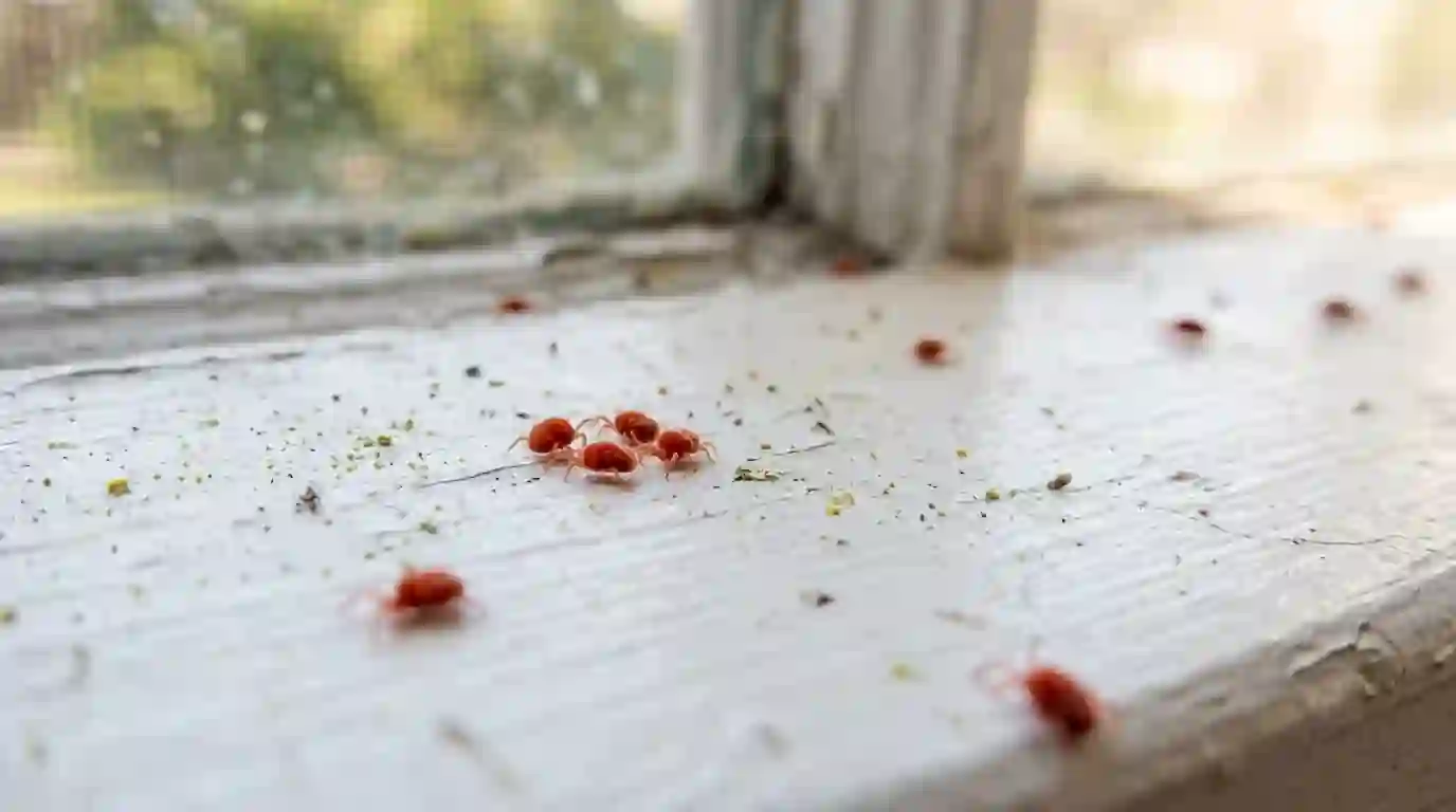 Tiny red clover mites on a windowsill