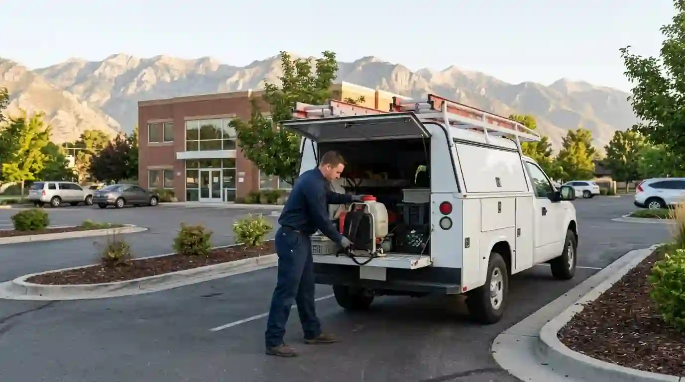 Technician loading a service truck outside the Salt Lake City office