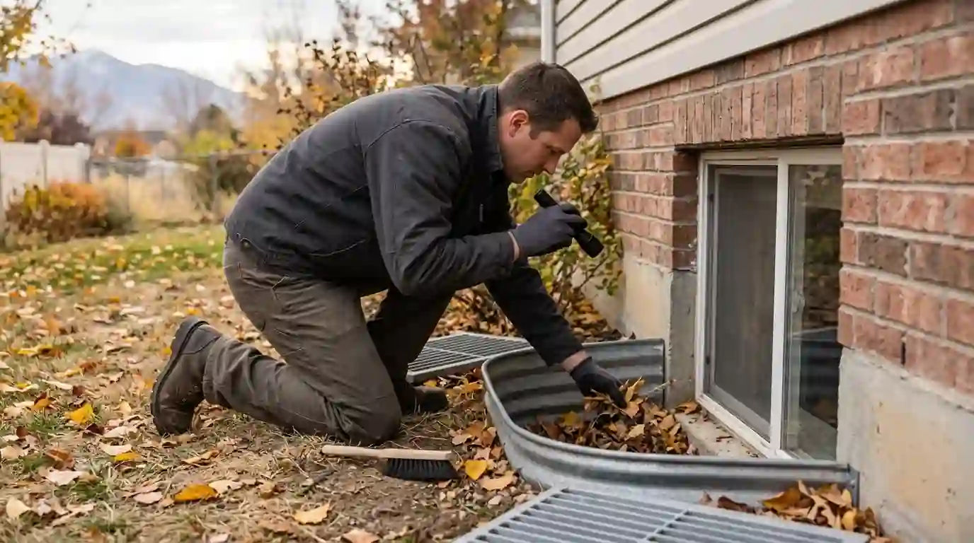 Technician inspecting a basement window well in autumn