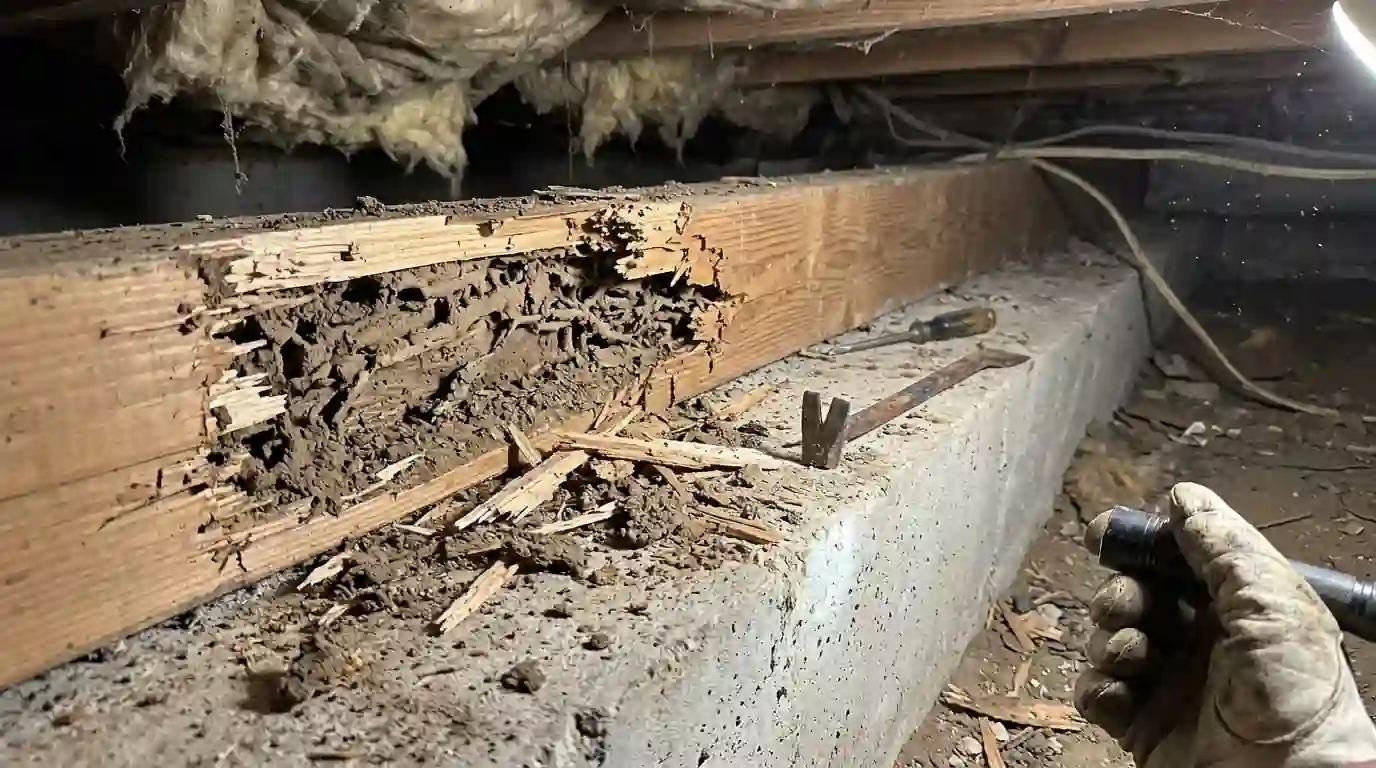 Termite damage in a sill plate