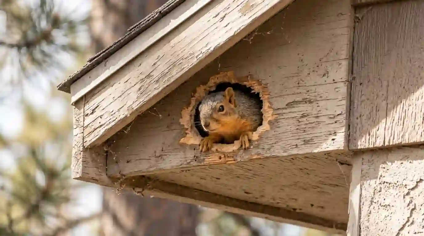 Squirrel looking out of a chewed soffit hole