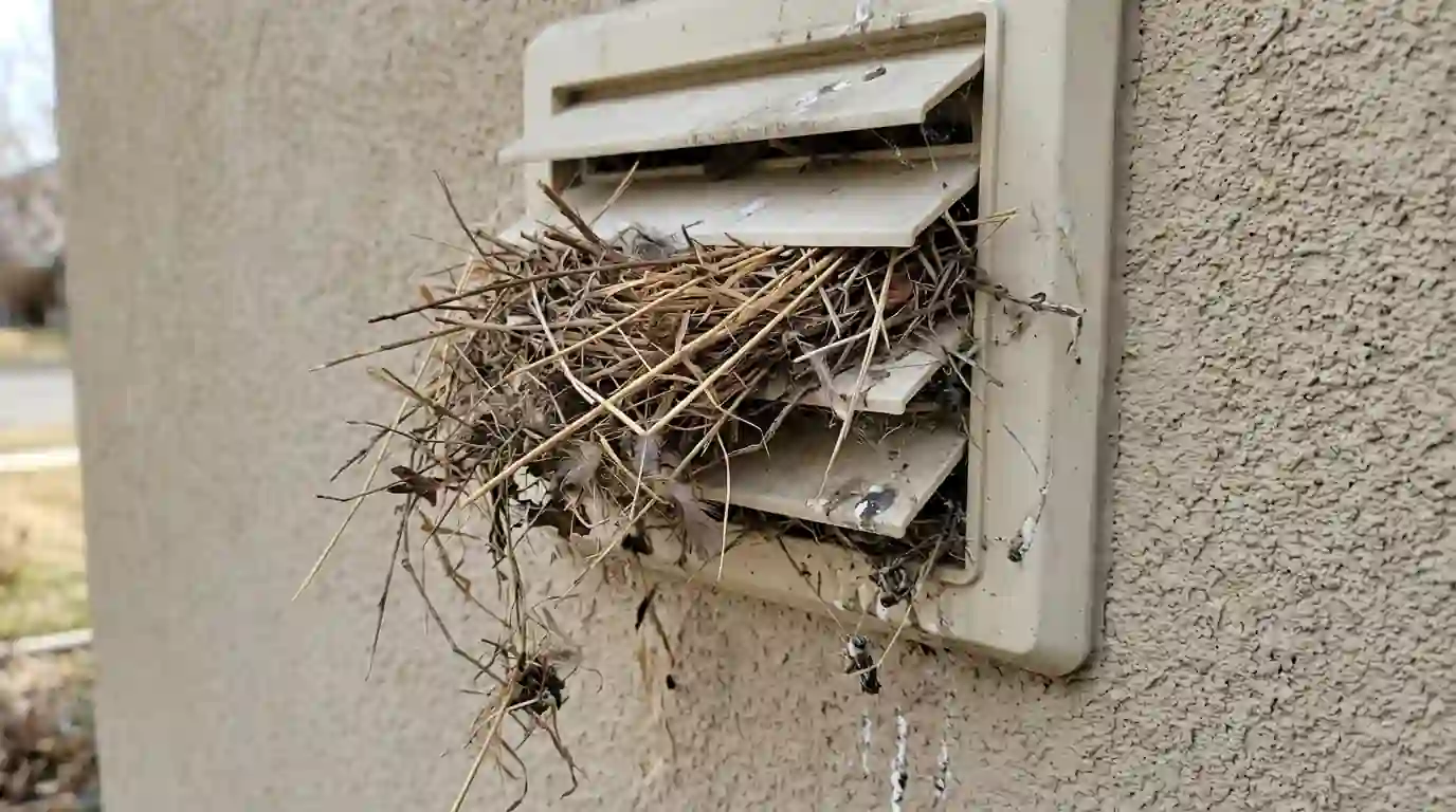 Starling nest material in a wall vent