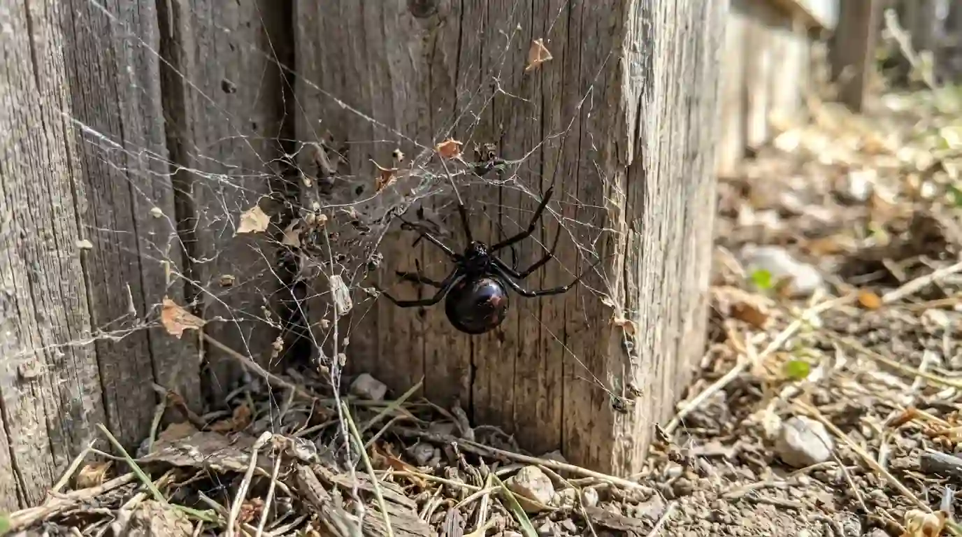 Black widow spider in a tangled web near a fence post