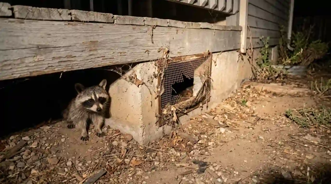 Raccoon under a deck beside a torn vent