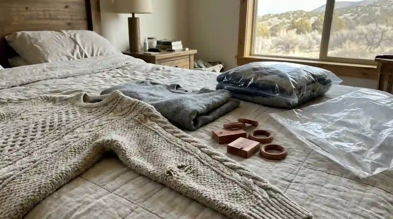 Wool sweaters with moth holes beside garment bags