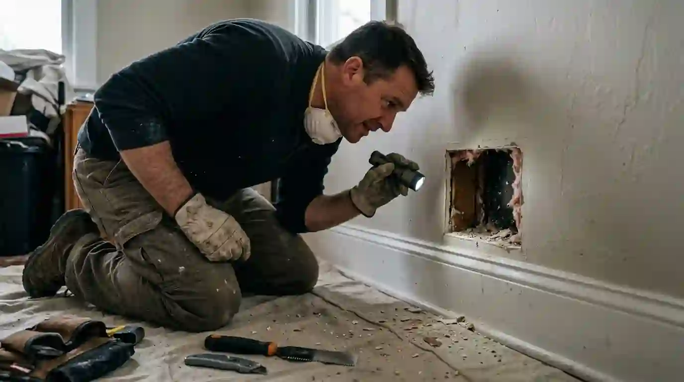 Small inspection opening cut in drywall to find a dead animal