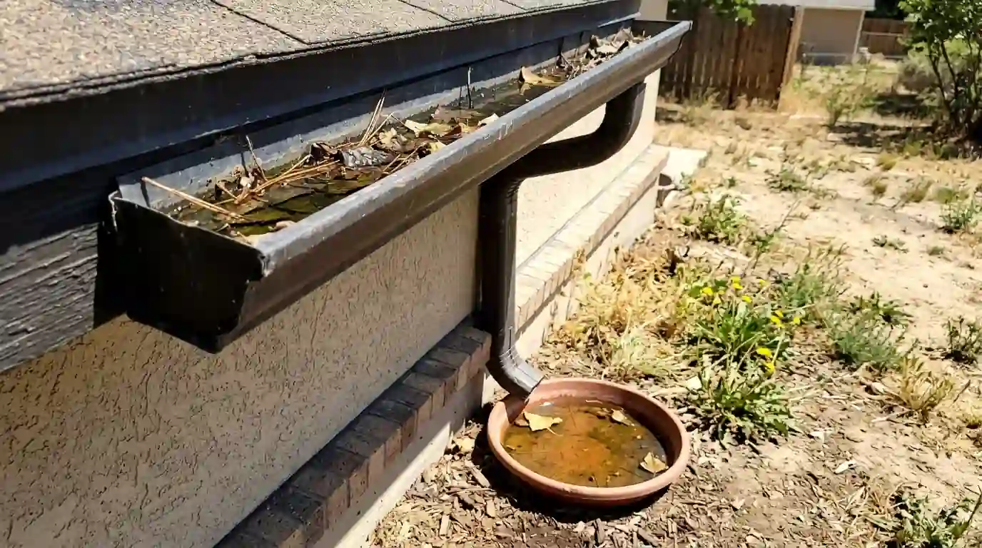 Standing water in a gutter and a flower pot saucer