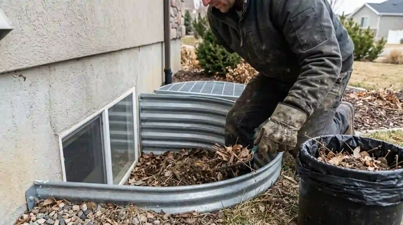 Technician clearing a window well