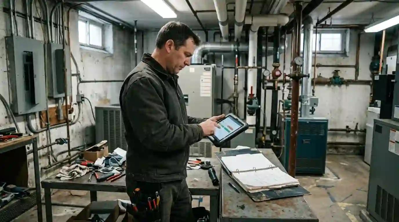 Technician recording a service visit beside a log binder