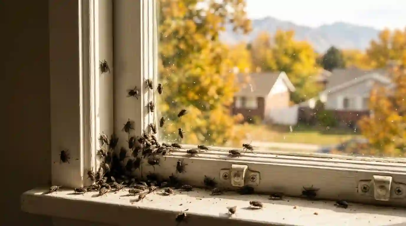 Cluster flies on an upstairs window in fall