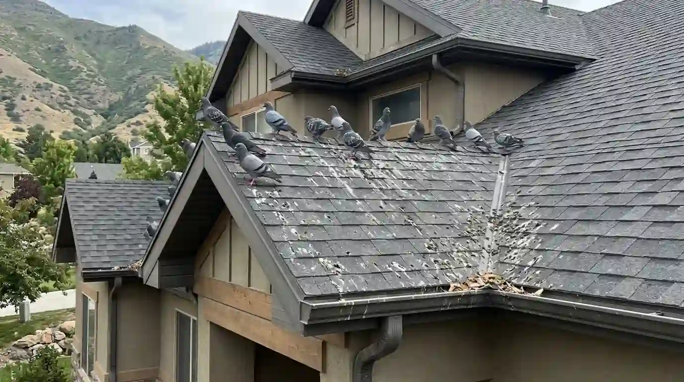 Pigeons on a roof ridge with droppings