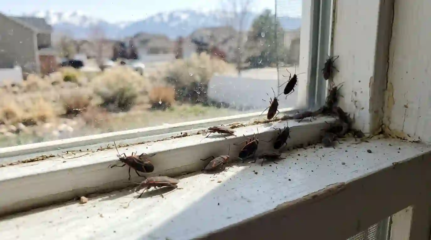 Boxelder bugs on an inside window sill in spring