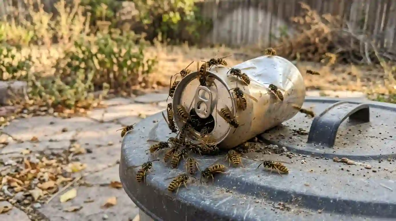 Yellowjackets around a trash can on a patio