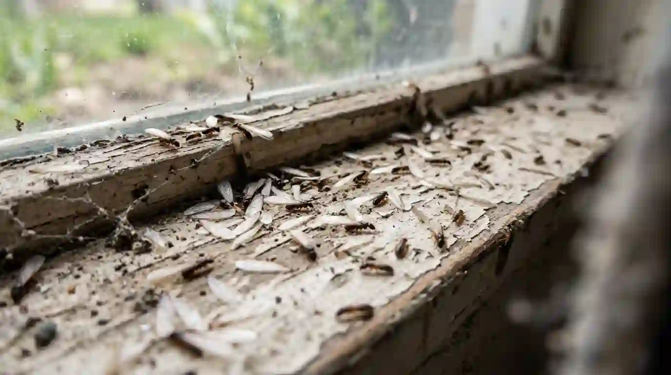 Termite swarmers and shed wings on a windowsill