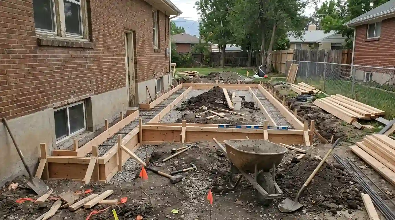 Garage addition foundation beside an existing house