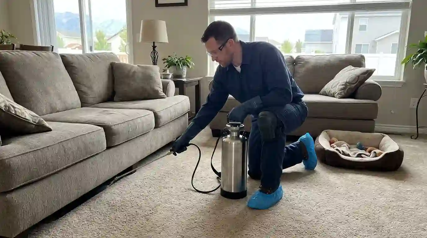 Technician treating carpet edges for fleas