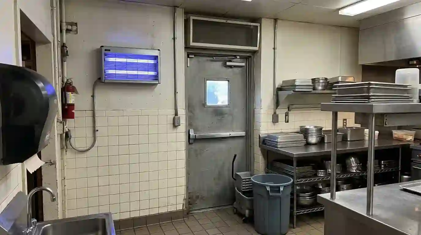 Insect light trap near a restaurant kitchen door
