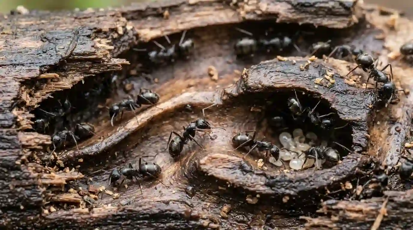 Carpenter ants in carved wood galleries