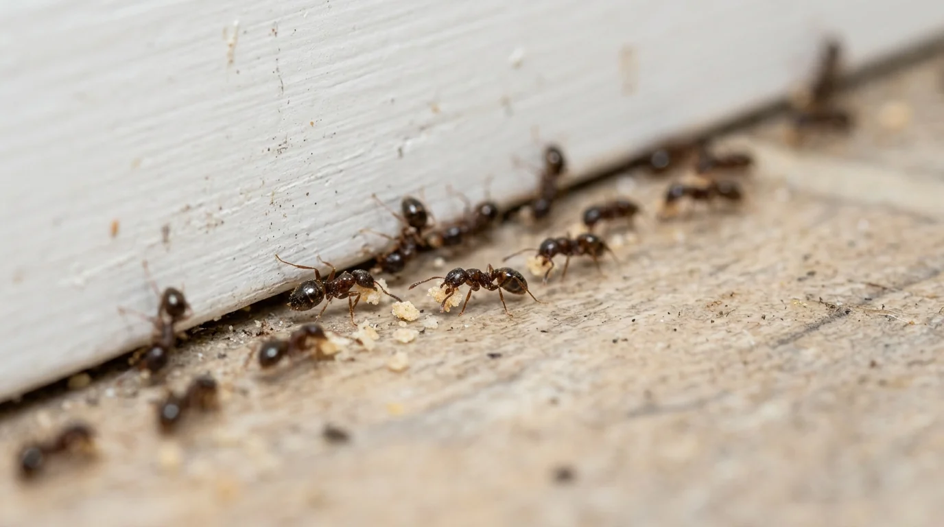Pavement ants carrying bait along a kitchen baseboard