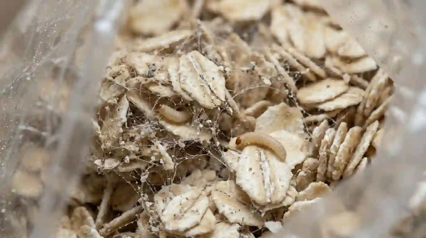 Webbing and larvae inside a bag of oats