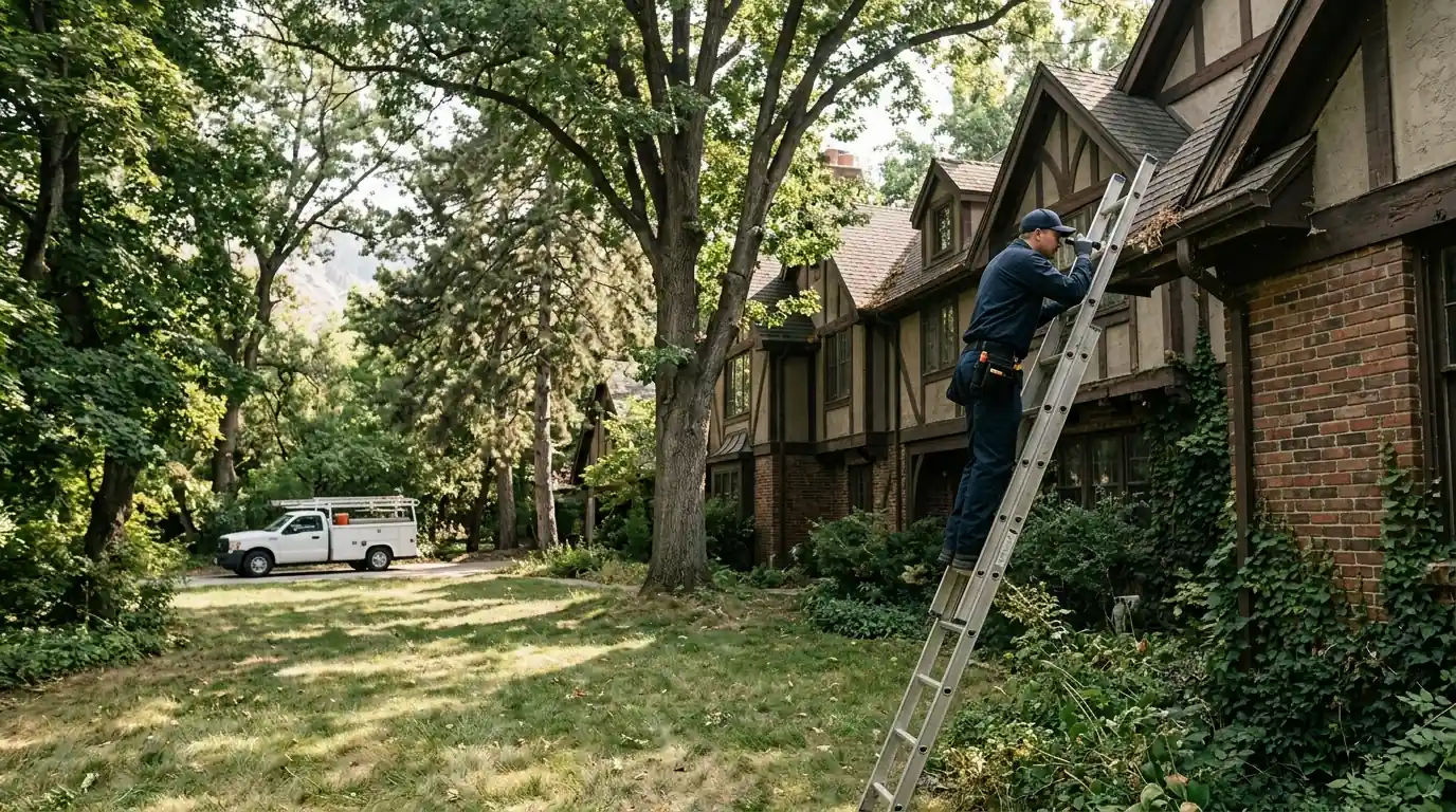 Technician inspecting eaves of an older Holladay home