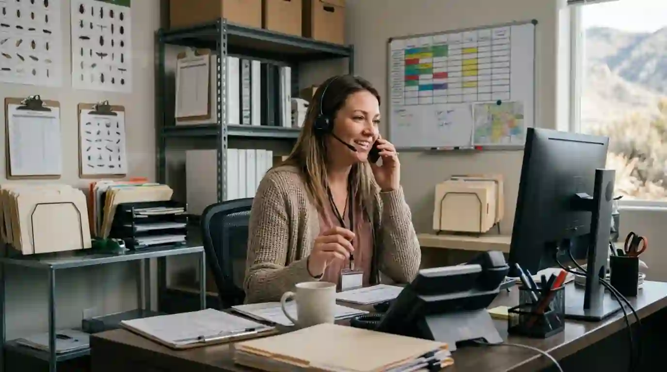 Office coordinator answering a call at a desk