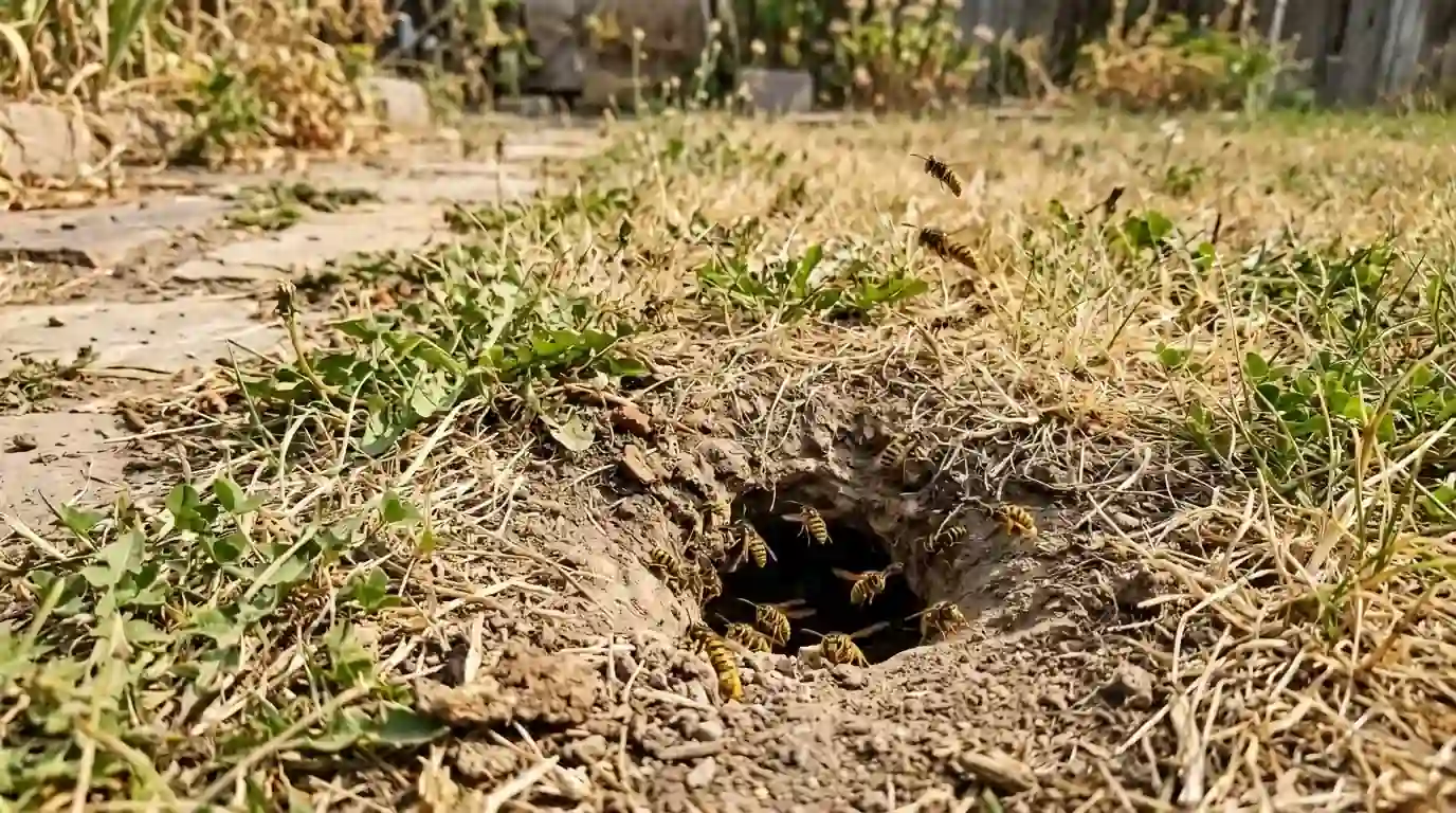 Yellowjacket nest entrance in a backyard lawn