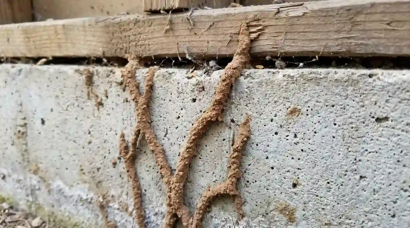 Termite mud tubes on a foundation wall