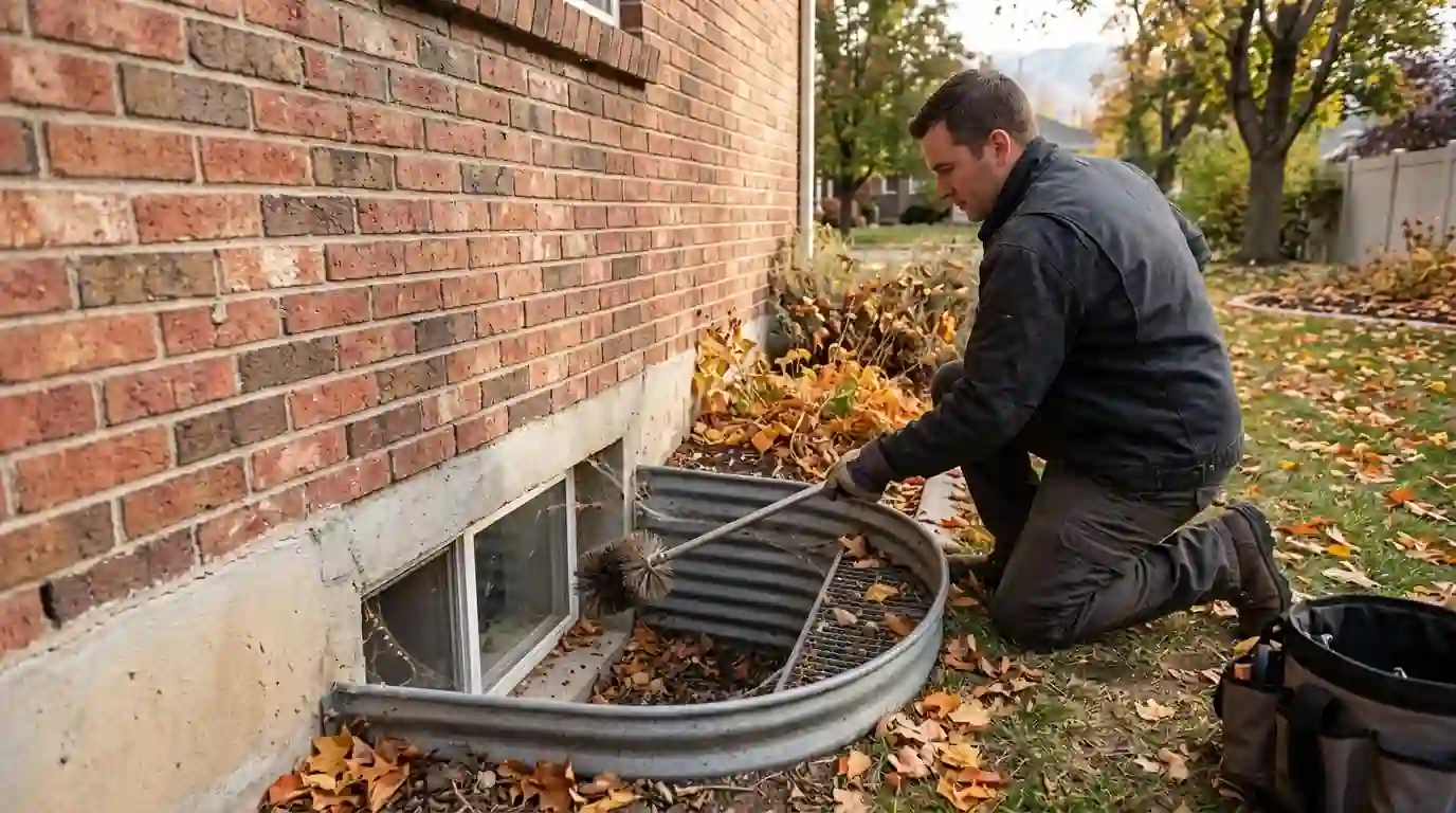 Technician brushing spider webs out of a basement window well