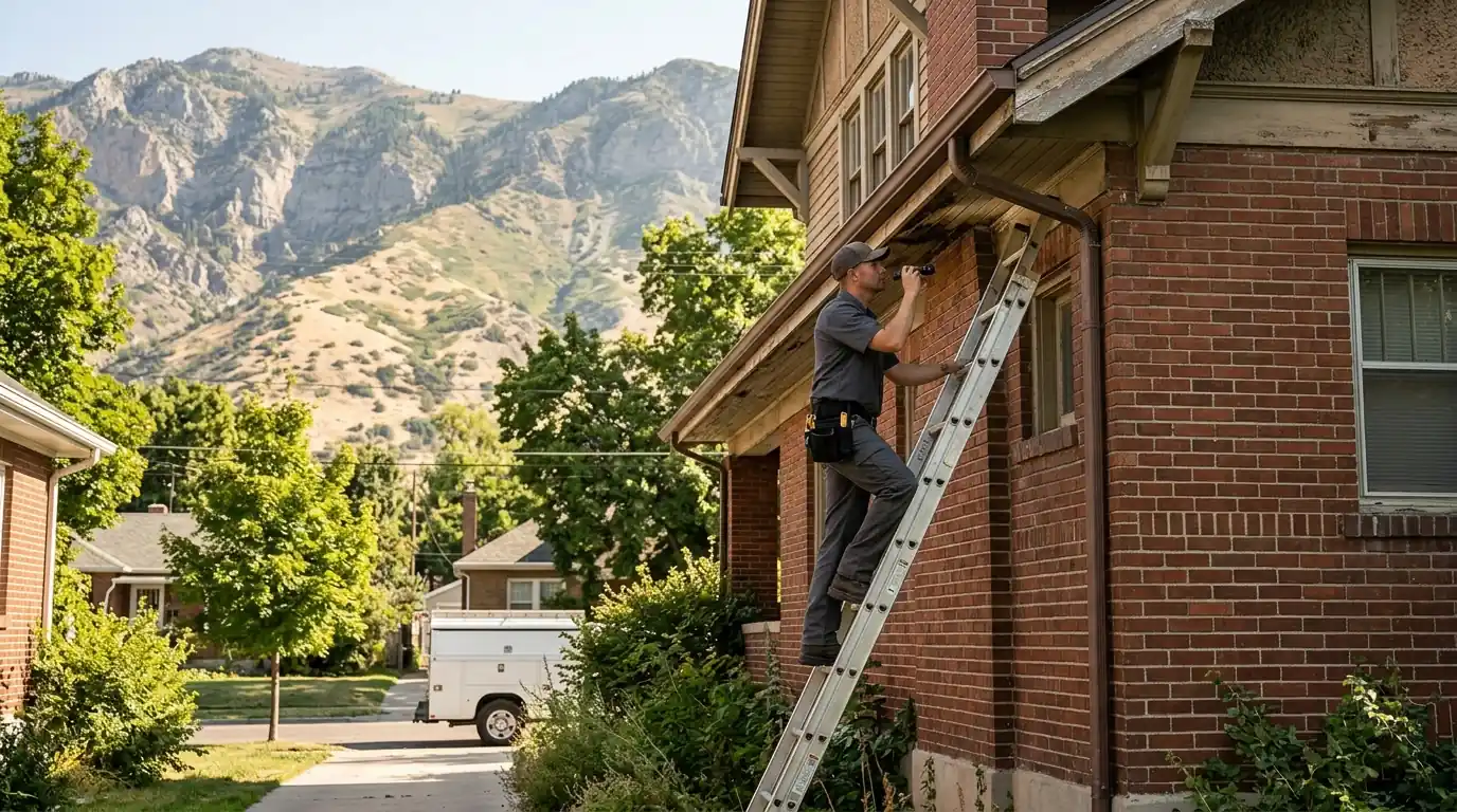 Technician inspecting eaves of an older Ogden home