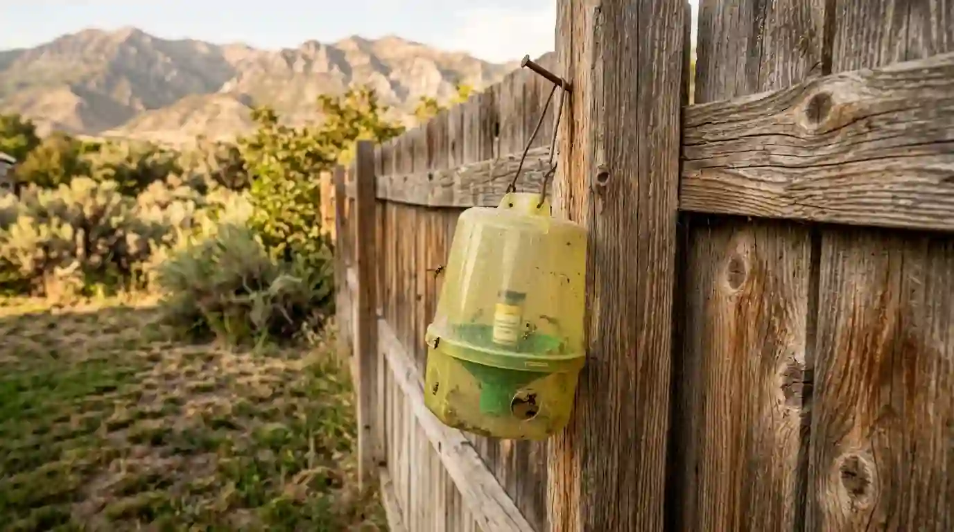 Yellowjacket trap hanging from a backyard fence
