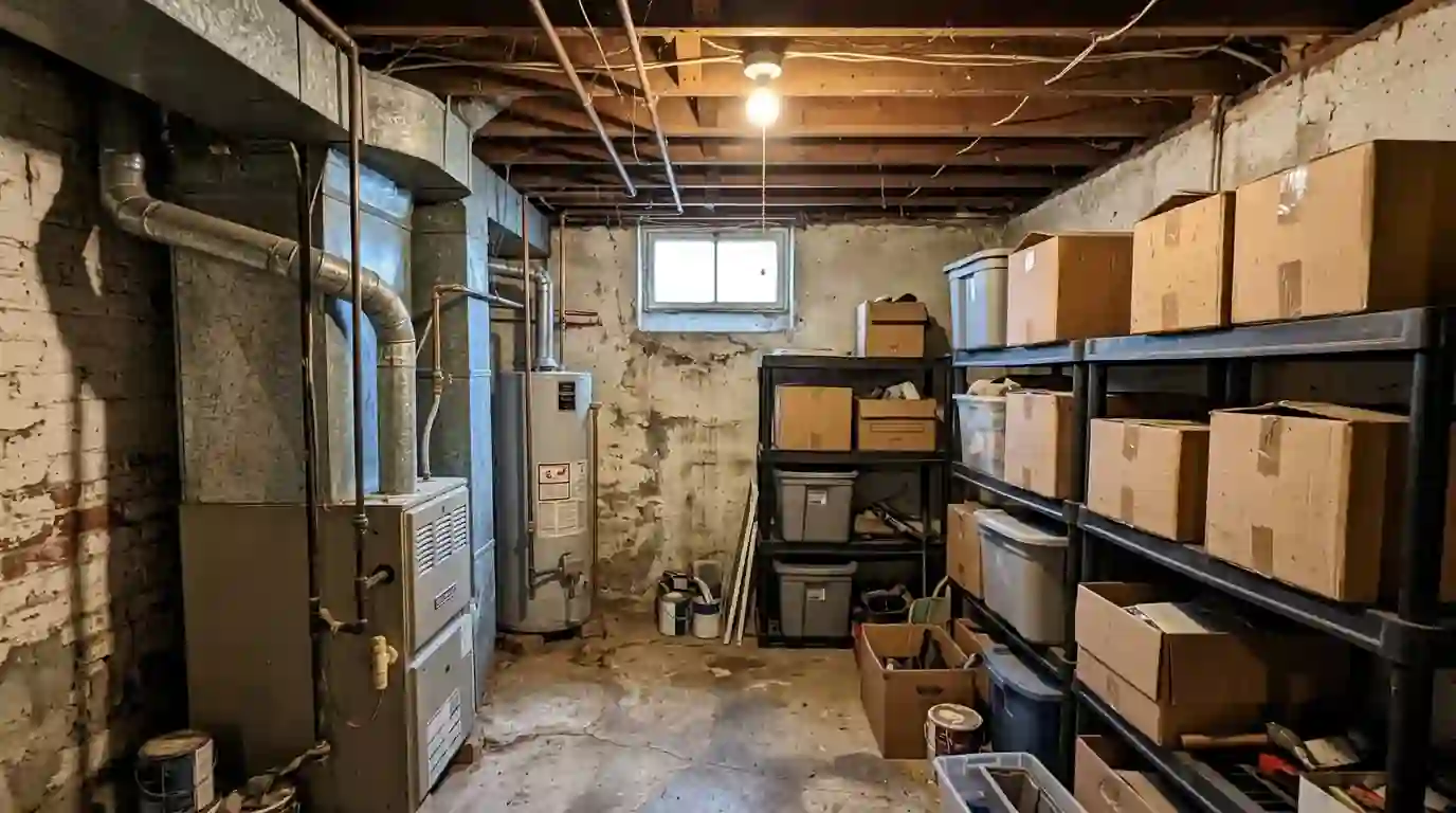 Basement furnace room with boxes on plastic shelving