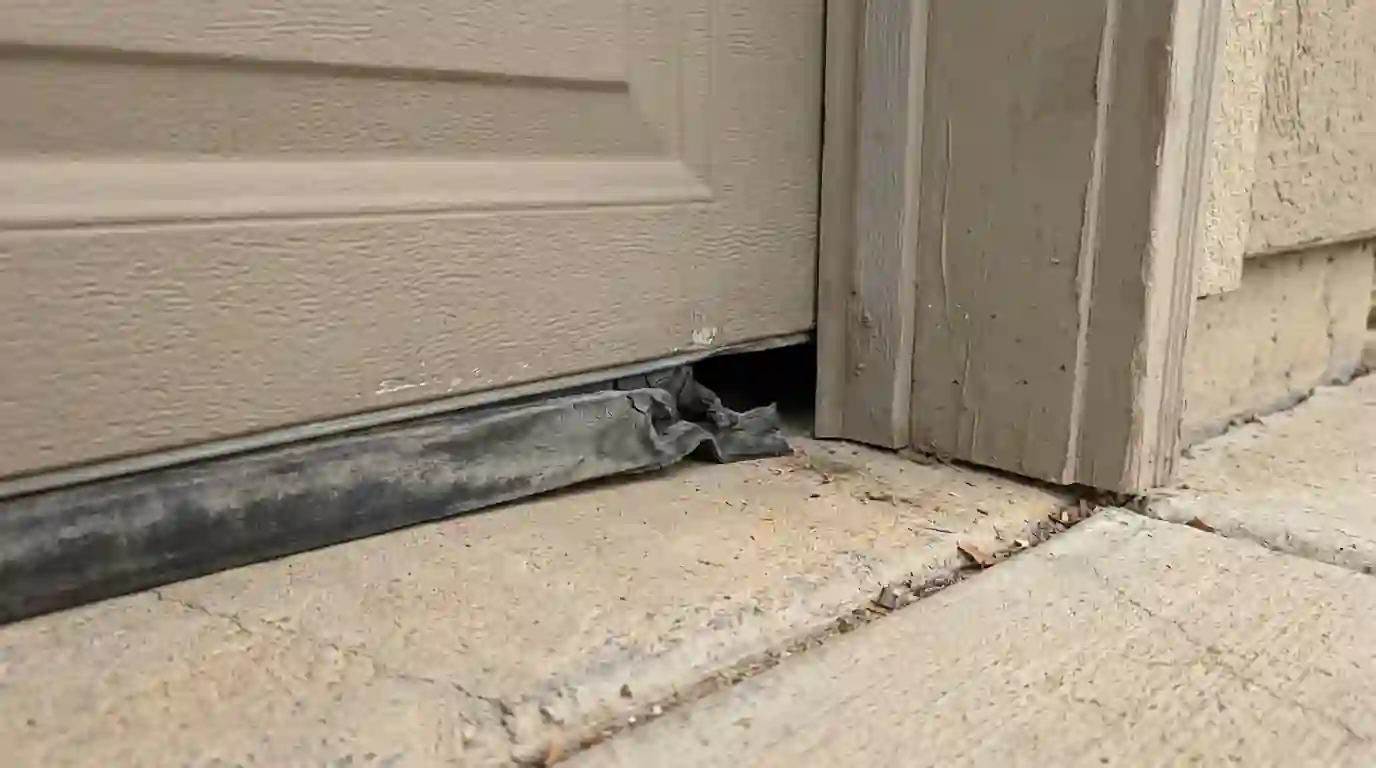 Worn garage door seal with a gap at the corner