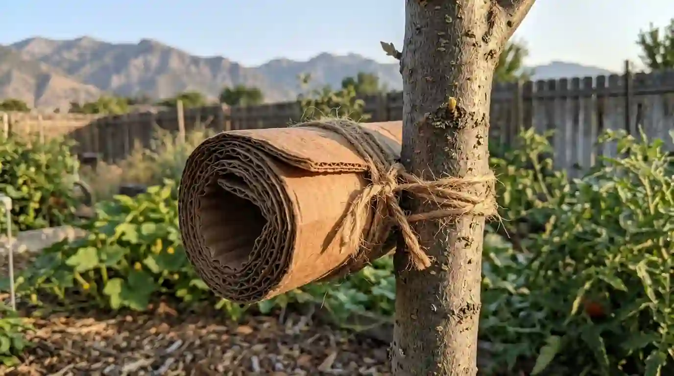 Cardboard earwig trap on a young tree