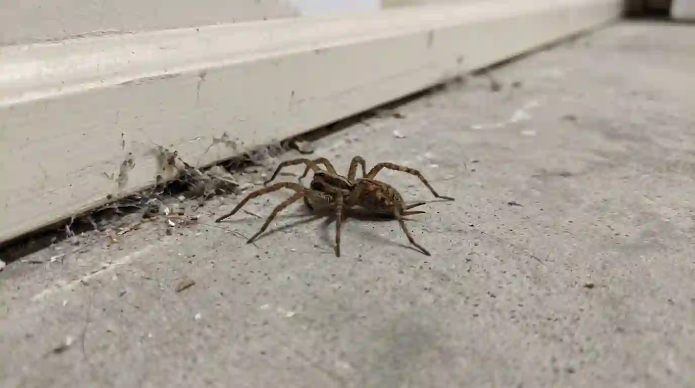 Brown funnel weaver spider on a basement floor