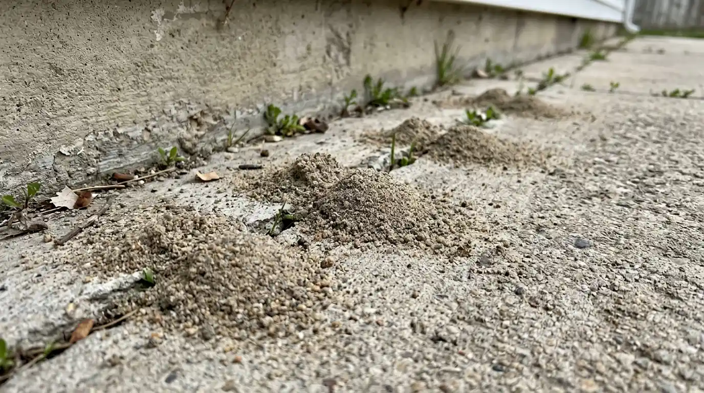 Sand piles from pavement ants in a patio crack