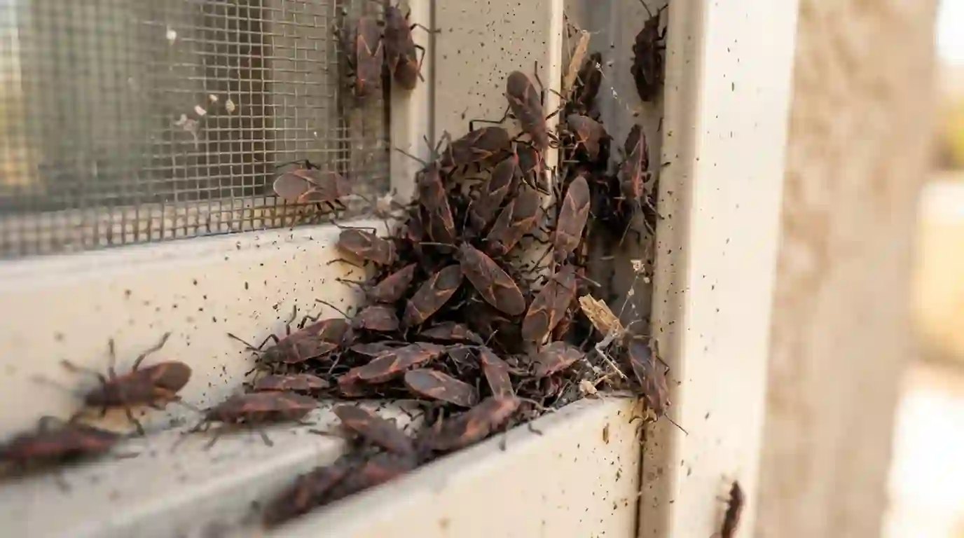 Elm seed bugs clustered on a window screen