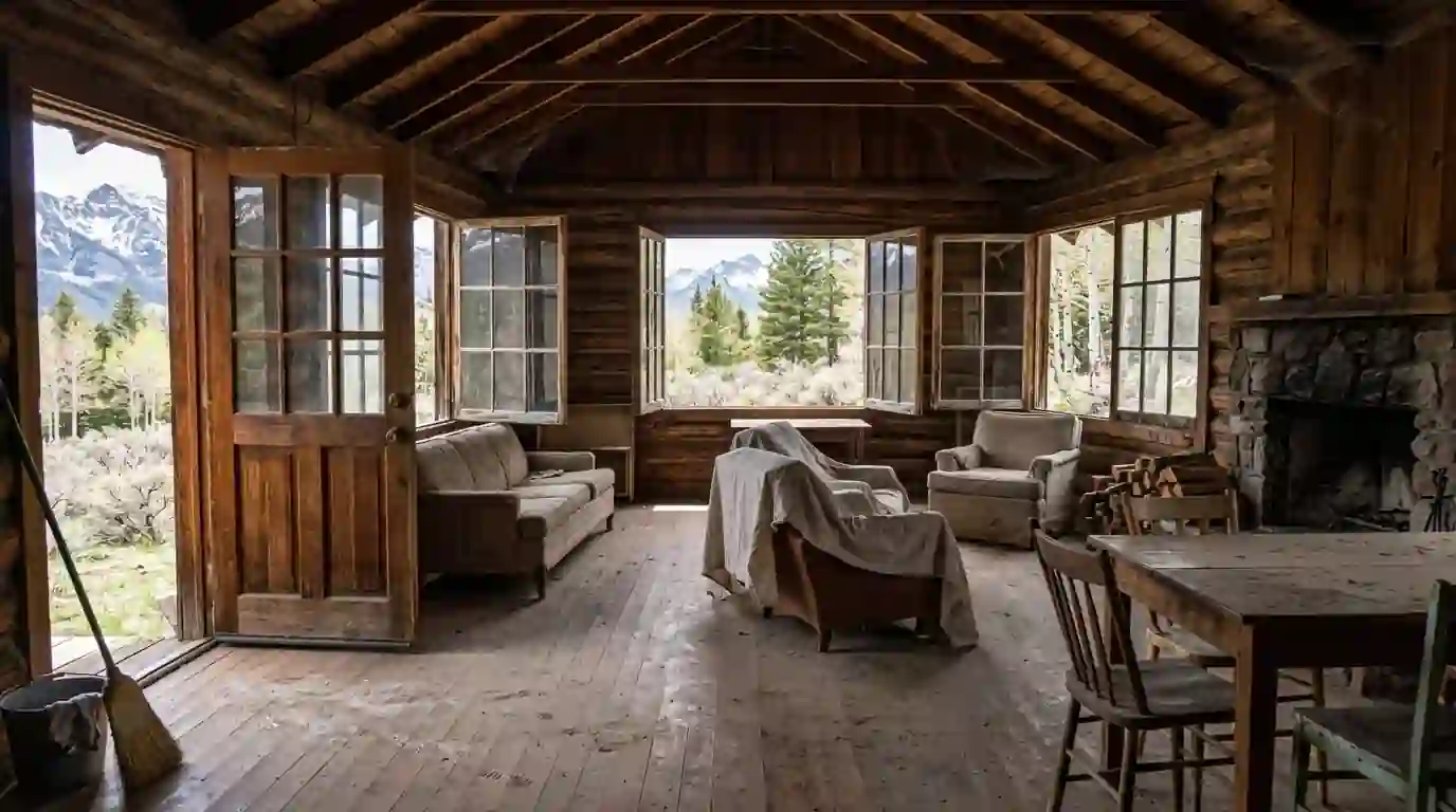 Cabin opened and ventilated in spring before cleanup