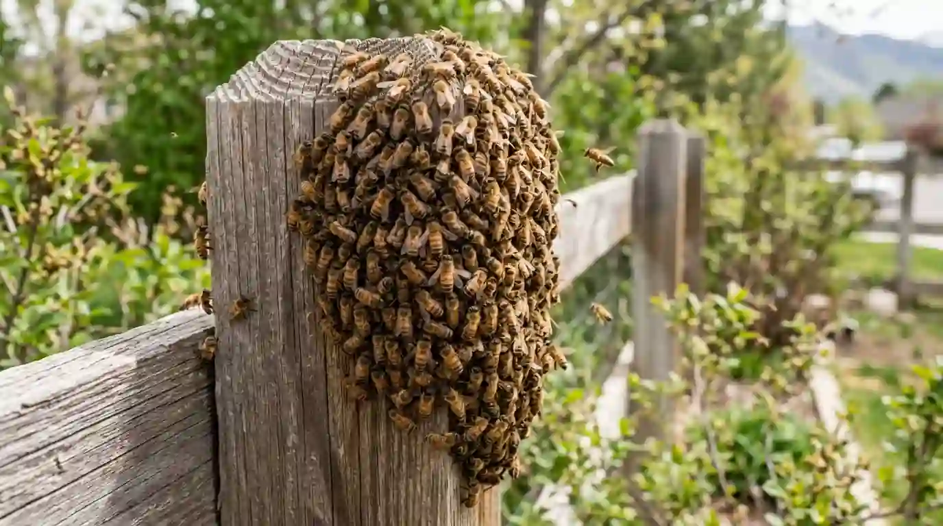 Honey bee swarm on a fence post