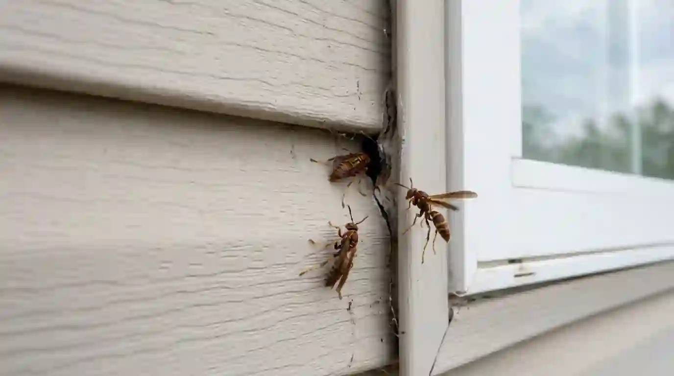 Wasps entering a gap in vinyl siding