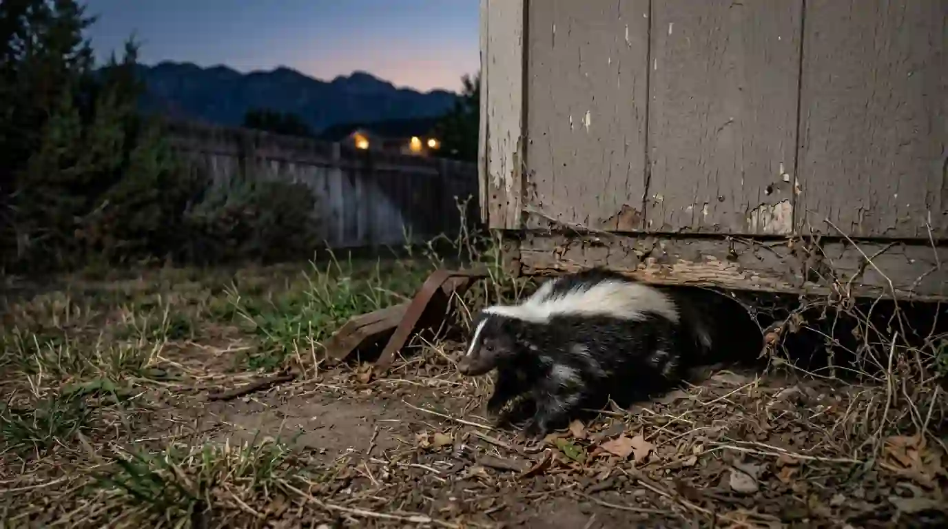 Skunk coming out from under a shed at dusk
