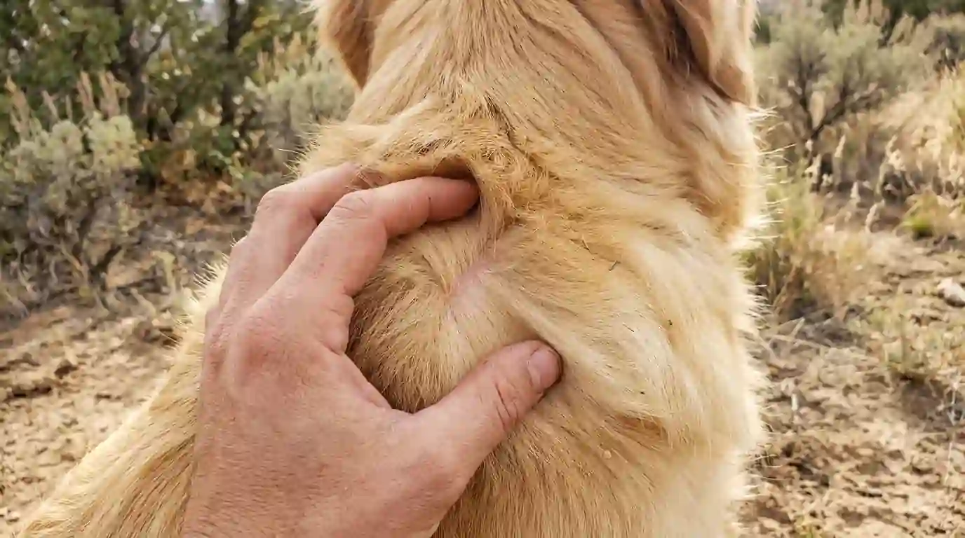 Checking a dog for ticks after a foothill walk