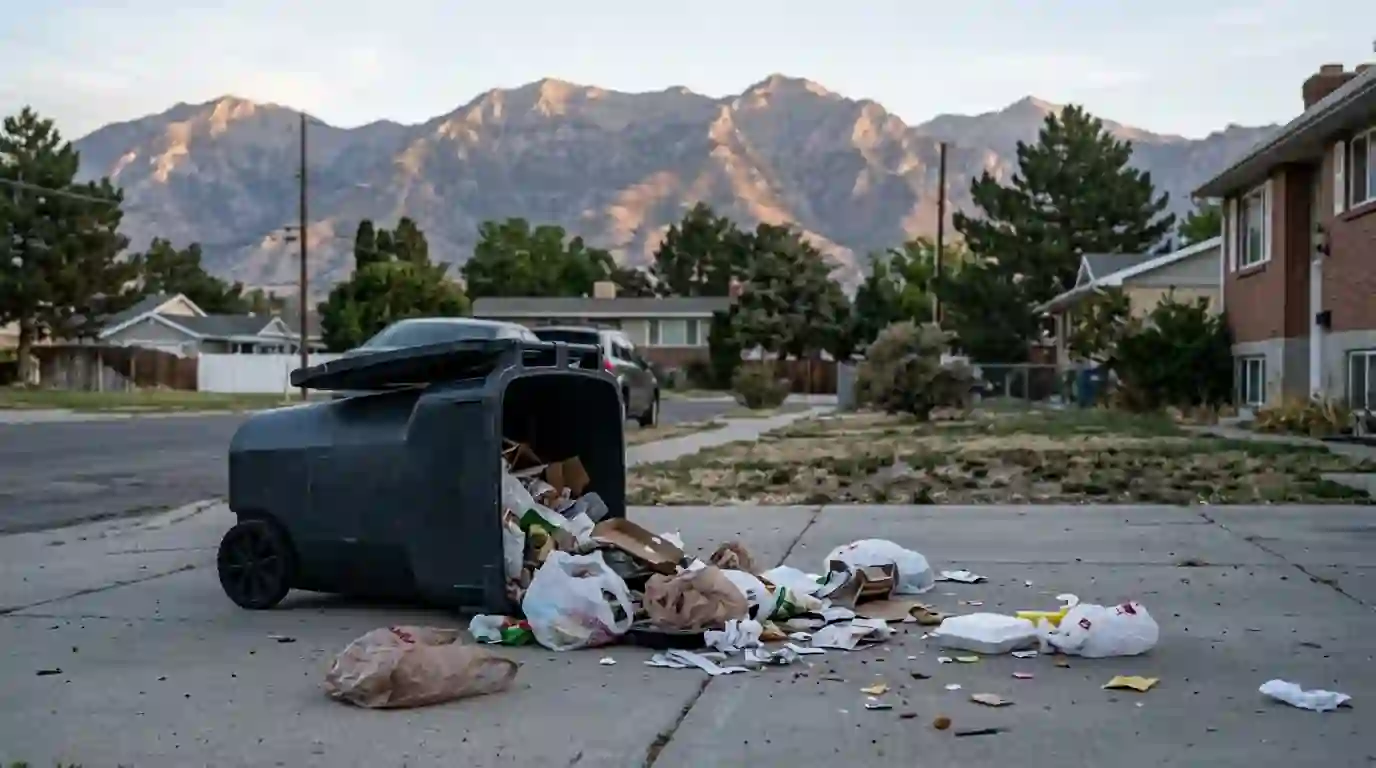 Garbage can knocked over in a driveway