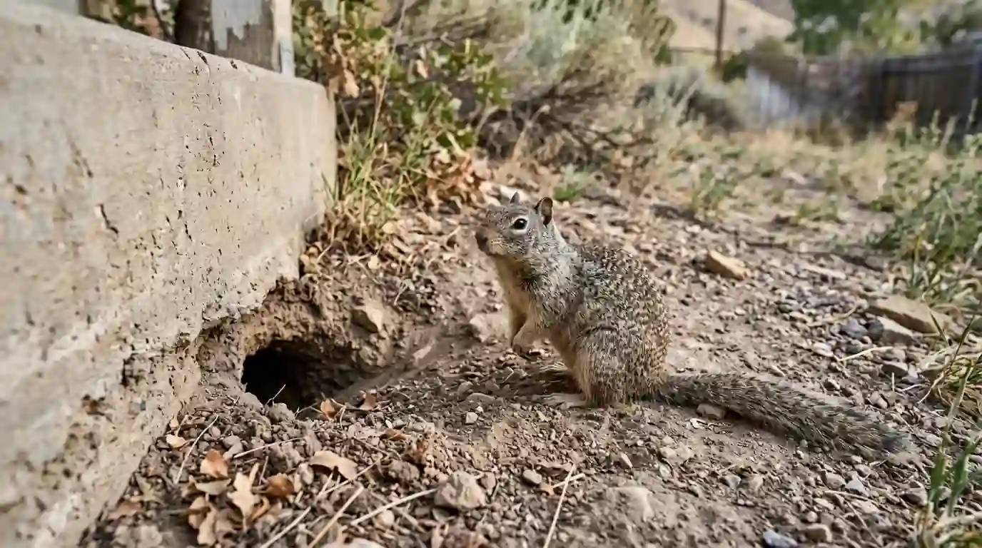 Rock squirrel beside a burrow at a porch