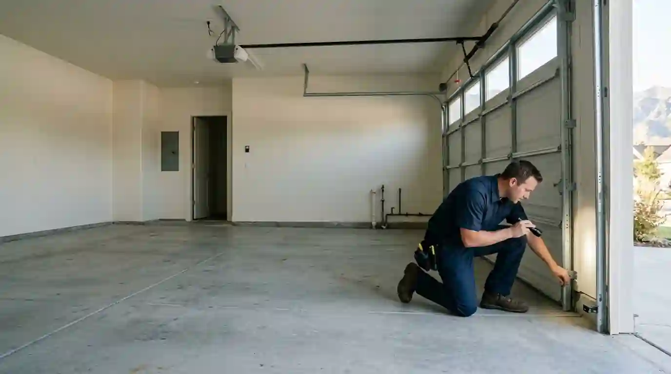Technician checking the garage door seal with a flashlight
