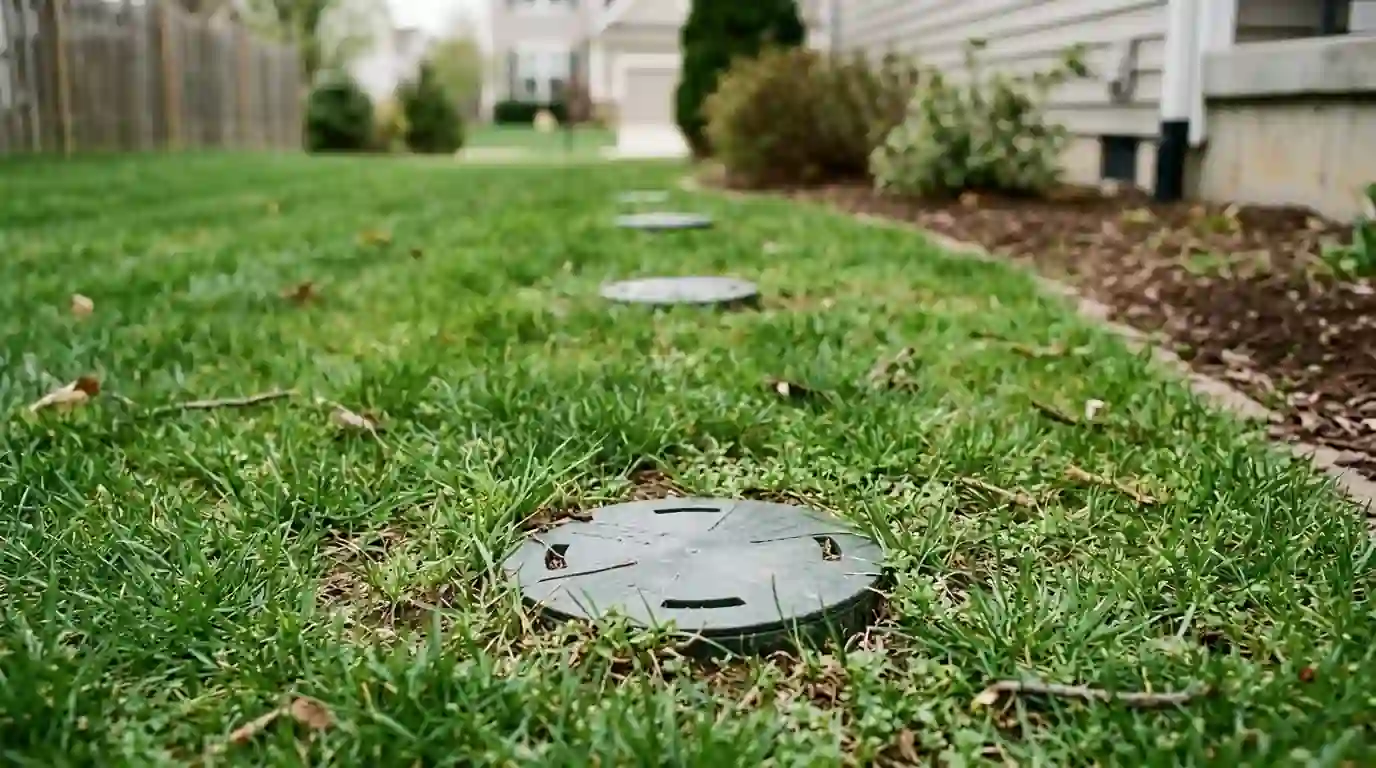 Bait station caps spaced around a lawn edge